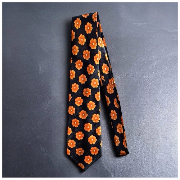 Bijan Other - Bijan Black Silk Floral Tie - Orange Daisy Print | Statement Luxury Neckwear